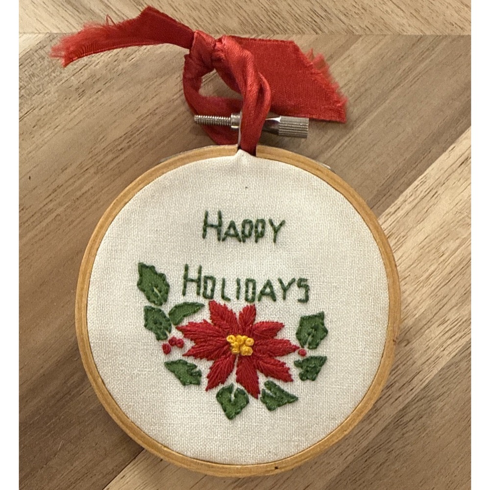 VTG Embroidered/Crosstitch XMAS‎ Ornament "Happy Holidays" Handmade Cottagecore